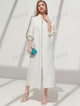 Модельное платье, вышивка, металлическое кольцо, молния, разрез, рукава-слон Shein, белый