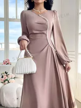 Модельное повседневное арабское платье с рукавами-фонариками и жемчугом и бисером Shein, розовый