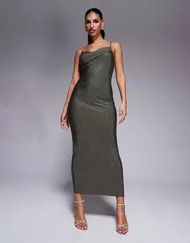 Моделирующее трикотажное платье миди с заклепками и складкой на плече серого цвета ASOS DESIGN