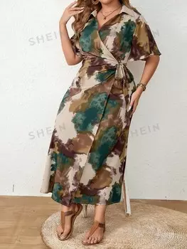 Modely Большие размеры Женские летние с принтом тай-дай с высокой талией и оборками с короткими рукавами Shein, мультиколор