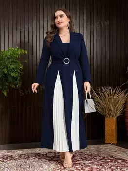 Modely Элегантное плиссированное платье макси с цветными блоками больших размеров весна/осень Shein, темно-синий