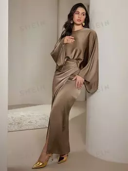 Modely Комплект из двух предметов: рубашка и юбка, Женский, круглый вырез, длинный рукав, повседневный Shein, кофейно-коричневый