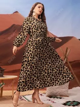 Modely Комплект-рубашка и юбка больших размеров, завязка на талии, широкие манжеты, узор из тигровой шкуры Shein, коричневый