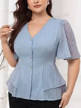 Modely, Однобортная Женская однобортная летняя блузка размера плюс с v-образным вырезом, топ Shein, синий