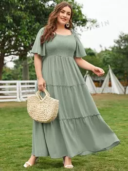 Modely Платье больших размеров, рукава-бабочки, плиссированная кулиска, макси, 1 шт Shein, мятно-зеленый