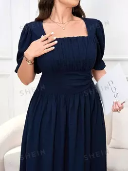Modely Платье больших размеров с квадратным вырезом и пышными рукавами и рюшами и бюстом Shein, темно-синий