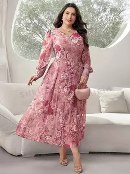 Modely Платье больших размеров с цветочным принтом и Длинными рукавами Shein, мультиколор