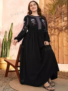 Modely Платье макси больших размеров, кружевная вышивка, рукава-фонарики Shein, черный