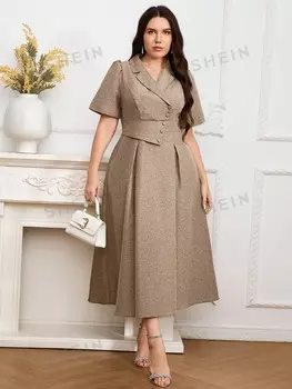 Modely плюс размер Летнее Однотонное Женское платье с квадратным вырезом и короткими рукавами Shein, абрикосовый