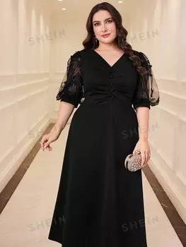 Modely Плюс Размер Однотонное плиссированное сетчатое платье с v-образным вырезом, платье макси Элегантное вечернее платье Shein, черный