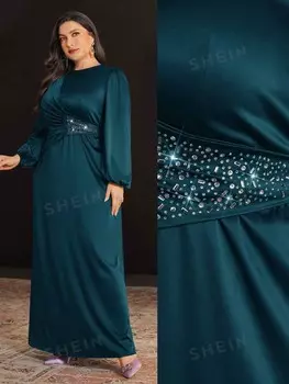 Modely Plus Size Элегантное Однотонное платье с рукавами-фонариками, плиссированными стразами, эластичной талией и длиной в пол Shein, индиго/сине-зеленый