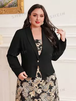 Modely Plus Size Костюмный воротник с вырезом, костюмная рубашка и платье-комбинация с принтом пейсли, 2 шт/Компл Shein, черный