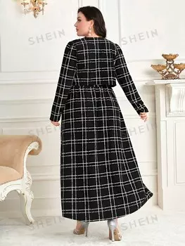 Modely plus size Платье в клетку с двойным карманом и жакетом, 2 шт/Компл Shein, черно-белый