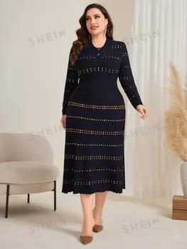 Modely Plus Size Вязаное платье-свитер с воротником-поло Shein, темно-синий