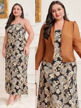 Modely: Женская куртка с воротником-бананкой и платье-комбинация больших размеров с принтом пейсли Shein, мультиколор