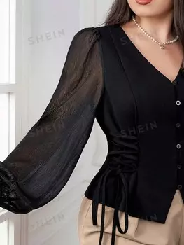 Modely Женская простая однотонная повседневная рубашка с длинным рукавом большого размера Shein, черный