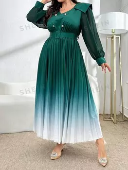 Modely Женские платья больших размеров Вышивка металлическими пуговицами, воротник-стойка, сетчатая ткань, рукава-батунг Shein, мультиколор