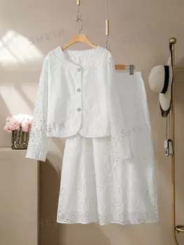 Modely Женский комплект из двух предметов больших размеров: рубашка и юбка с длинными рукавами, элегантный цветочный узор с вышивкой, новый комплект одежды для осени и зимы Shein, белый
