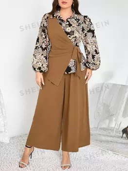 Modely, Женский топ больших размеров с цветочным принтом, рукавами-фонариками, завязкой на талии и свободные широкие брюки, элегантный комплект из двух предметов, праздничный Shein, мультиколор