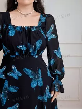 Modely Женское элегантное Длинное платье больших размеров с принтом бабочки и рюшами и квадратным вырезом, с рукавами-колокольчиками на весну/лето Shein, мультиколор