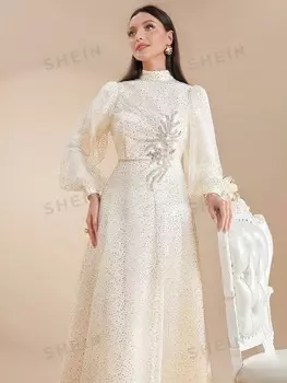 Modely: Женское элегантное весенне-летнее платье с рукавами-фонариками, золотой подвеской и воротником-стойкой Shein, кремовый/бежевый