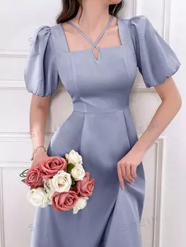 Modely Женское арабское платье, короткие рукава, квадратный вырез, однотонное, элегантное Shein, синий