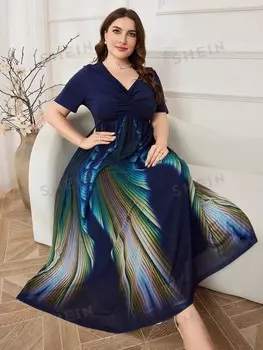 Modely Женское двухслойное платье больших размеров с короткими рукавами и принтом павлина Shein, темно-синий