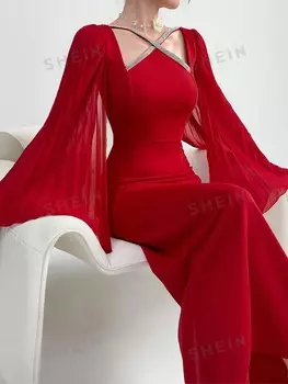 Modely Женское модное однотонное платье с расклешенными рукавами и перекрестным дизайном, элегантное вечернее платье макси Shein, красный