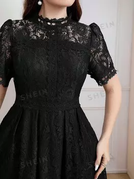 Modely Женское платье больших размеров, с высоким воротником, кружевом, элегантными рукавами-буфами, на лето Shein, черный