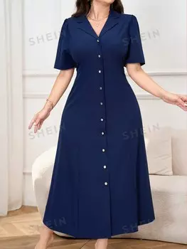 Modely, Женское повседневное платье-рубашка больших размеров с воротником с лацканами и пуговицами спереди Shein, темно-синий
