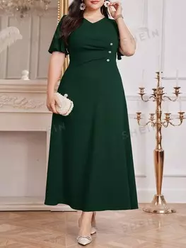 Modely Женское простое Однотонное повседневное платье с короткими рукавами большого размера Shein, темно-зеленый