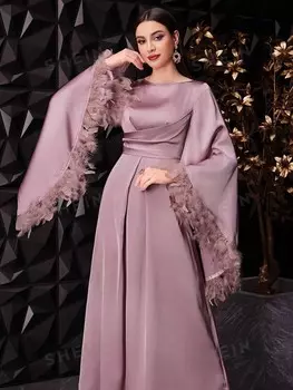 Modely Женское турецкое платье с длинным рукавом в арабском стиле, топ из натурального меха с перьями и бахромой Манжеты, элегантное вечернее платье макси Shein, розовый