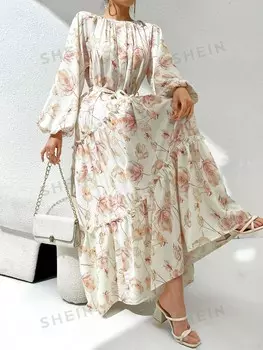 Modely Женское весенне-летнее платье с цветочным принтом и длинными рукавами и поясом Shein, абрикосовый