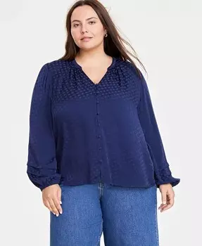 Модная блузка с защипами и длинными рукавами больших размеров On 34th, синий