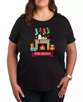 Модная футболка больших размеров с рисунком Snoopy Fireplace Merry Christmas Hybrid Apparel, черный