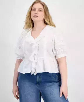 Модная плюс-сайз блуза из хлопка с рюшами в горошек And Now This, белый