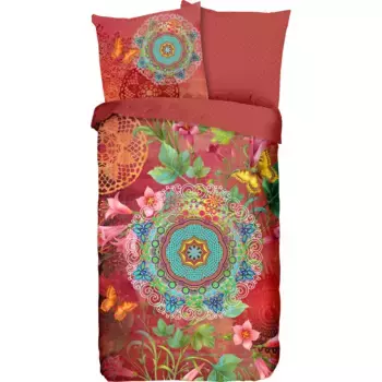 Модное двустороннее постельное белье «Novali», Мако-сатин, 135х200, молния, двусторонняя, цветы мандалы, терракота Hip, цвет multi/terrakotta