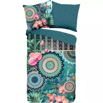 Модное двустороннее постельное белье «Valdez», Мако-сатин, 135х200, молния, двусторонний вид, мандала, бензин Hip, цвет petrol/multi/grnblau