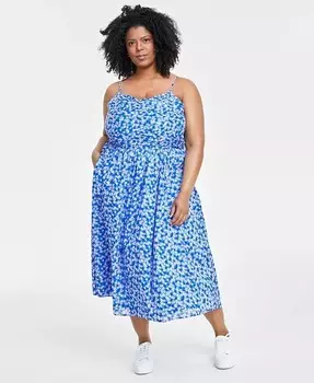 Модное корсетное платье миди больших размеров с цветочным принтом и рюшами On 34th, синий