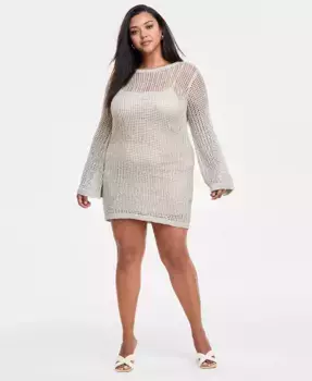 Модное мини-платье с длинными рукавами и кружевной вязкой больших размеров Bar III, коричневый/бежевый