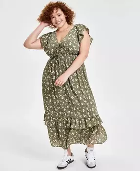 Модное многоуровневое платье макси больших размеров с пуговицами спереди и развевающимися рукавами And Now This, зеленый