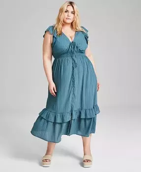 Модное многоуровневое платье макси больших размеров с пуговицами спереди и развевающимися рукавами And Now This, синий