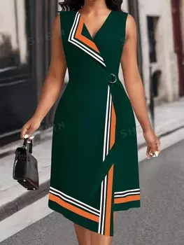 Модное платье Clasi, V-образный вырез, без рукавов, узор в полоску, цветные блоки, элегантный дизайн талии, большой размер Shein, темно-зеленый