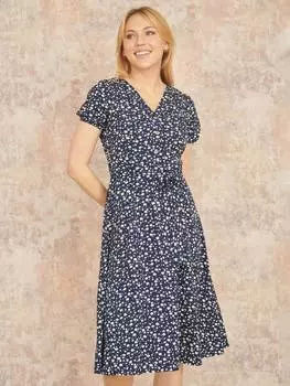 Модное платье-рубашка миди с цветочным рисунком Yumi, темно-синий
