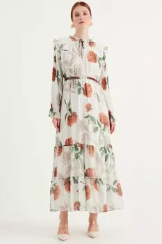 Модное плиссированное платье с длинными рукавами и цветочным узором Bonema, оранжевый