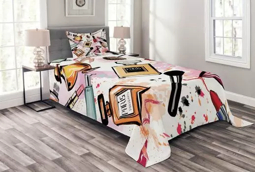 Модное покрывало ABAKUHAUS, тема косметического макияжа, комплект с моющимися наволочками, для односпальных кроватей 170 x 220 см, разноцветный