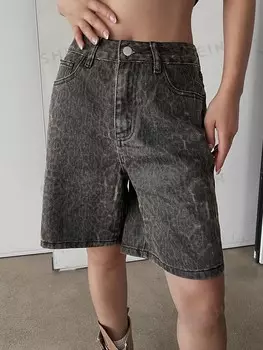 Модные джинсовые шорты-бермуды, леопардовый узор, с карманами для женщин Dazy, кофейно-коричневый