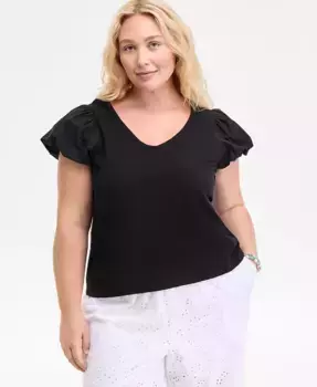 Модный хлопковый топ с U-образным вырезом и короткими рукавами-фонариками для полных On 34th, белый