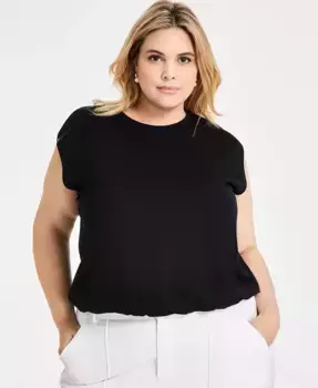Модный плюс блузон с коротким рукавом и круглым вырезом Bar III, черный