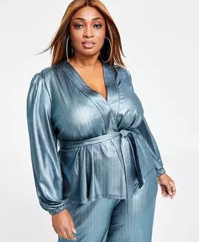 Модный топ больших размеров с металлизированной запахом Nina Parker, синий